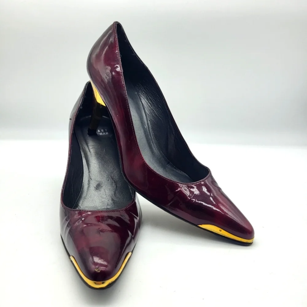 Stuart Weitzman burgundy marbled patent leather pointed toe with gold trim Sz 8 - Picture 3 of 14